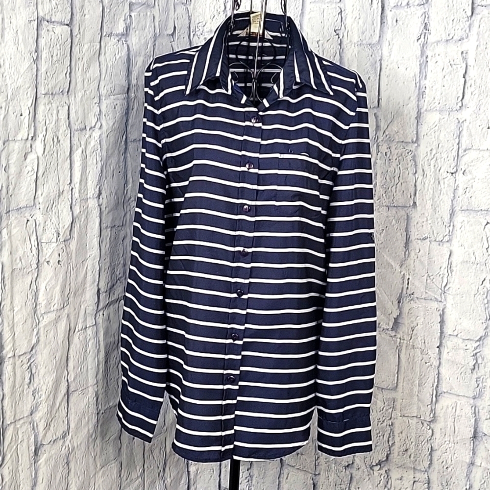 FUN &‎ FLIRT Blue and White Striped Button Up Blouse Large